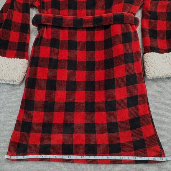 Red Black Buffalo Plaid Sherpa Fleece Robe Womens L Tie Waist Pockets Just Love - Picture 13 of 16